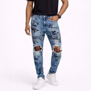 Zara Men’s Slim-Fit Graphic Distressed Jeans – Size 30